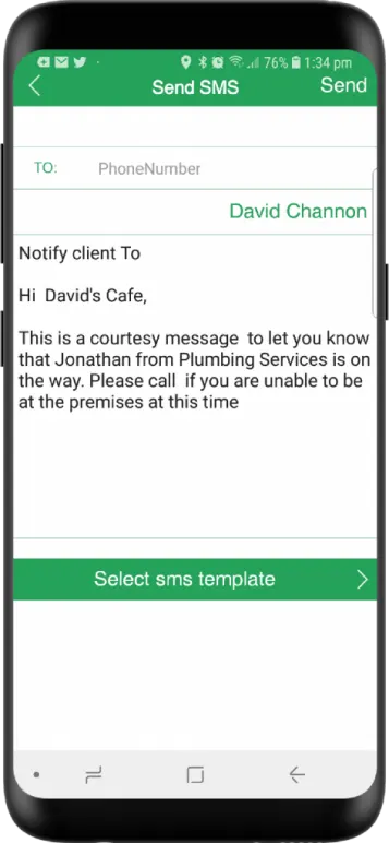 field service app send sms template screenshot